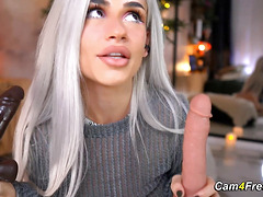 Babe Dirty Talking While Sucking Her Dildos