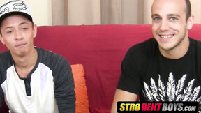 Tatted stud gets a blowjob from his little twink bud