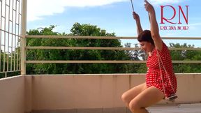 Beutiful lady swinging without panties on a swing outdoors. Slow motion 127 1