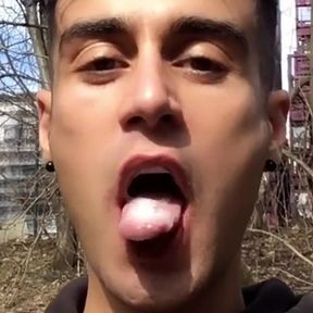 Chewing and Swallowing Own Cum Outdoor