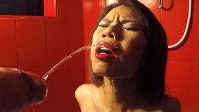 ”Teen ladyboy mouth pissing & sucking his big white prick in the shower”