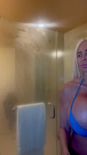 Shower video in my wet blue bikini come watch me soap up and wet my body from head to toe