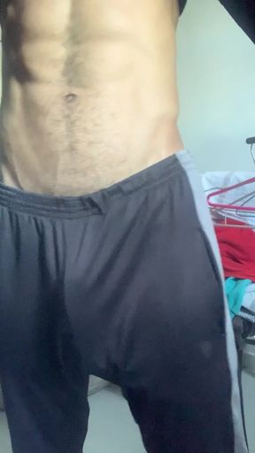 Big man with very hot hairy horse cock in pants without underwear