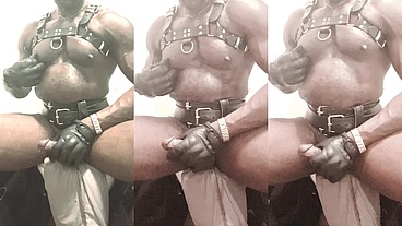 BBC Thick Leather Belt and Leather Harness Fetish Wank Session