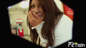 Horny Japanese chick with amazing big boobs gets caught masturbating into a outside bathroom