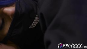 Horny femboy Angel Santana gives hung boyfriend a footjob until cumshot