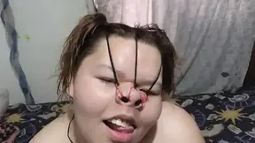 Submissive cutie eats shaft, balls, and booty with nose hook