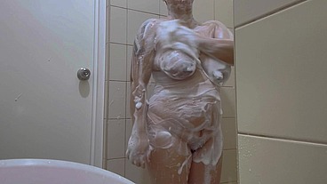 Horny Indian Desi Aunty Touching sexy soapy breasts and hairy pussy in the shower