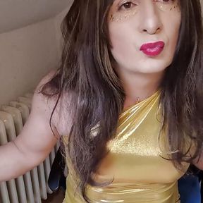 Cuming in Golden Dress