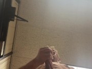 Upward view of me Jacking. Ruined Orgasm and nice cum shot all by front door of office.
