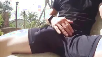 Straight hunk freeballing outdoors shoots cum in public