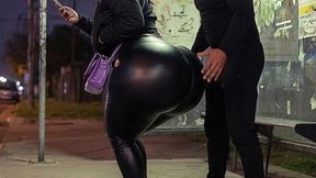 Big Ass Latina in Tight Leather Pants at Bus Stop Strips to Black Leather Thong