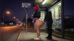Big Ass Latina in Tight Leather Pants at Bus Stop Strips to Black Leather Thong