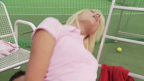 Blonde babe is tennis player and she fuck big cock on the court