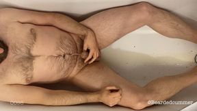 Hairy bear pissing all over his belly and farts in tub