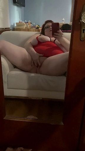 BBW sucks and fucks dildo in mirror