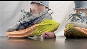Asics Shoejob and Humiliation - Tramplegirl in Sneakers does some Cocktrampling and gives a Shoejob with spitting before she pisses on his slaves cock and cum - Shoejob, sneaker fetish, golden shower, shoe fetish, CBT, pee - multi - HD