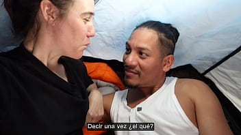 Travel vlogger's guide sneaks into tent for naughty chat and foreplay