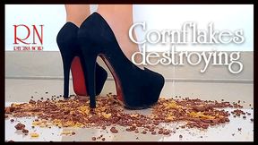 Cornflakes destroying with high heels boots on the floor.