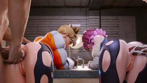 Two anime babes take a big cock in their tight asses
