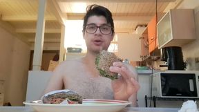 Pig guy eats a sandwich while jerking big cock