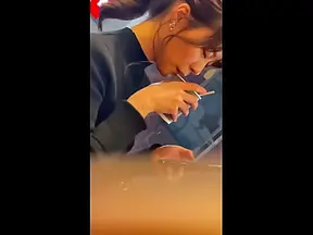 [The girl with a ponytail and beautiful neckline and legs] Sneak a peek inside her skirt when she gets on the train. She was ejaculated on her buttocks....