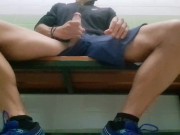 Masturbation in a public bathhouse ending up with a lot of cum in my girlfriend's sock