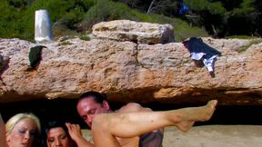 Two hot models with big tits having foursome with married men on the beach