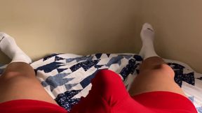 Thick Legged Hunk Gushes Massive Load In Condom Red Undies