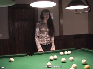 Slim little whore gets tag teamed on the pool table