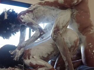 Three-some playing shaving foam in mad sex party