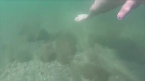 underwater cumshot / underwater action / on a public beach / nude swimming