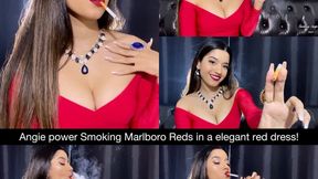 Angie power smoking Marlboro reds in an elegant dress!