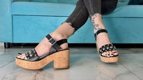 My wedges sandals and black toenails polish on long toes