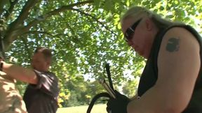 Blindfolded blonde bound to a tree in the woods getting wrapped up for hardcore outdoor fetish punishment