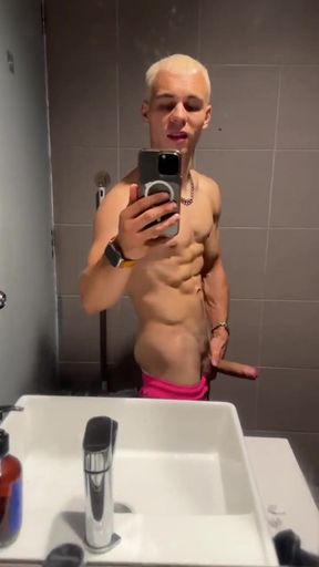 Handsome Blonde Fingering His Dick in the Train Toilet