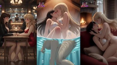 Blonde anime babes tease in public with big tits and bikinis