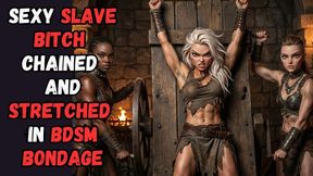 sweaty muscled slave animated babe is tied to a rack in the dungeon and stretched by two kinky fetishists in BDSM bondage