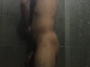 Latino dad takes a shower and masturbates - vertical video