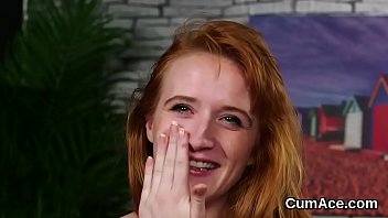 Sexy centerfold gets jizz shot on her face gulping all the jizm