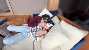 On the Sofa in Their Secret Room, They Shared Passionate Kisses Before Making Love, Expressing Their Deep Love.
