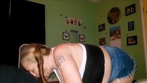 Busty mature bends over, exposing her big ass in Daisy Dukes