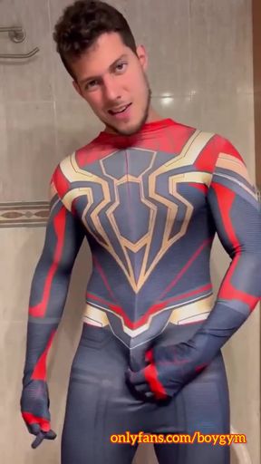 I cum without hands in the spiderman suit