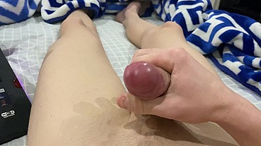 Jerking off a big dick, cumming and rubbing cum on my stomach! POV!