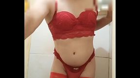 Conjunto vermelho calcinha fio dental da mulher