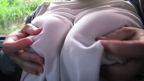Sweaty Japanese milf with big boobs strokes my feet with her firm titties