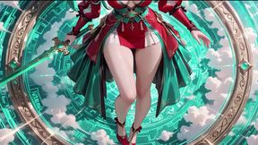 The Red-clad Blade's Private Tease! Green-haired Warrior in a Black-red Battle Robe, Commanding yet Shy on the Floating Terrace.