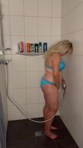 Orgasmic Swimming Day Blue Bikini Bathrobe Hot Shower Wash Satisfying Shower Head Pussy Stimulate Orgasm Trembling Twitch