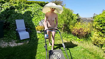 Naked Housewife Mows the Lawn on Your Property