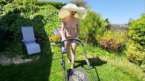 Naked Housewife Mows the Lawn on Your Property